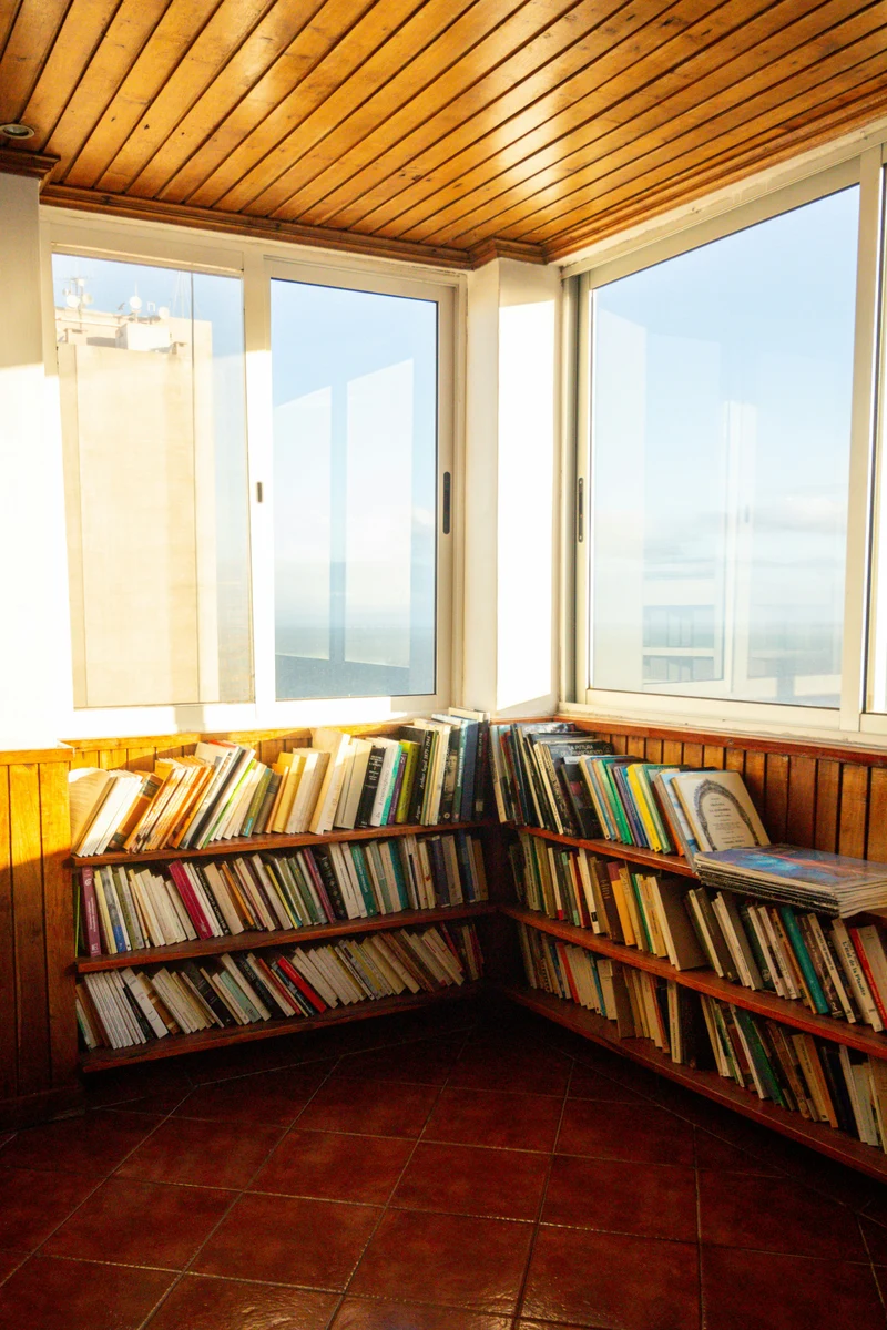 Scaffali di libri in una sala luminosa con finestre e rivestimenti in legno